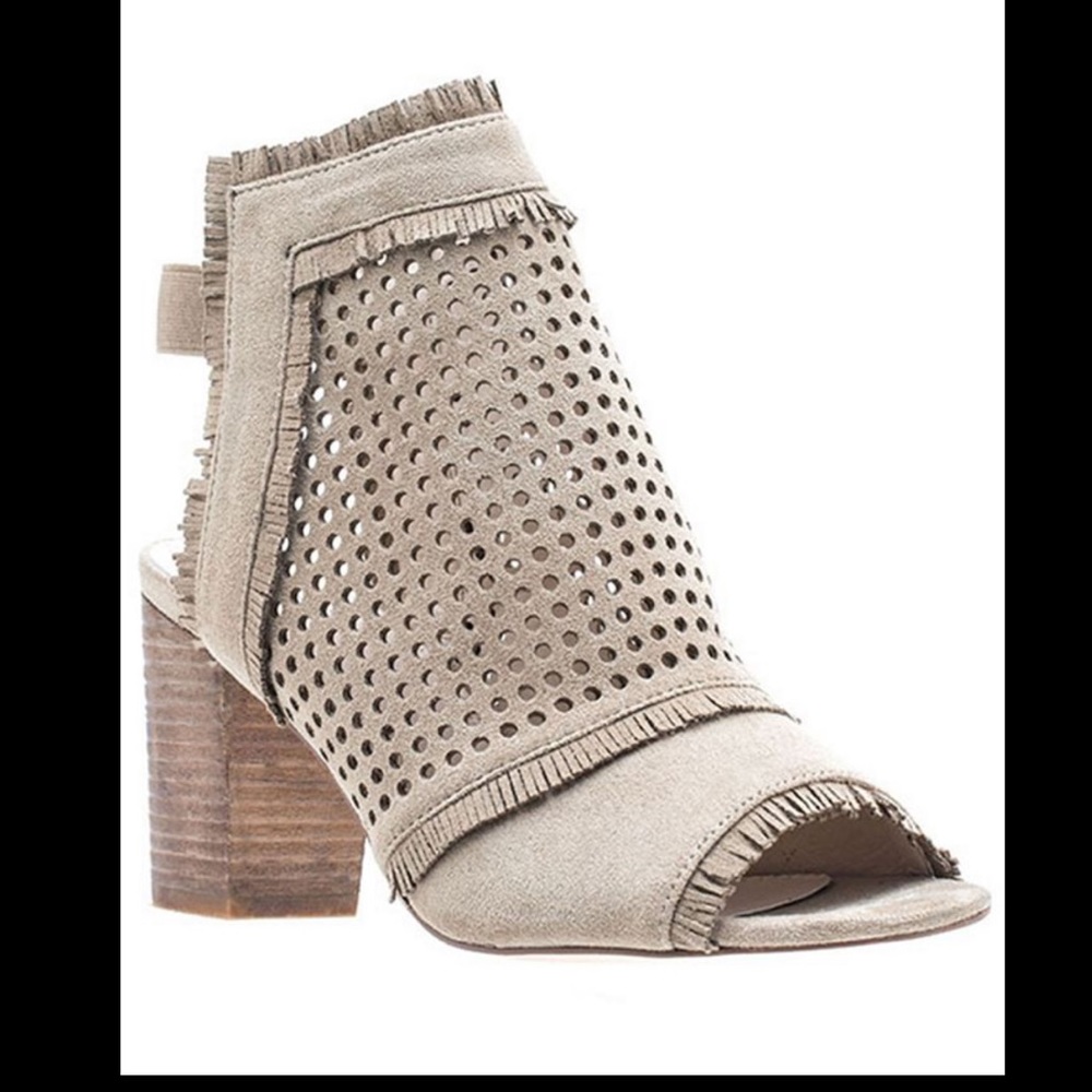 Perforated faux suede peep-toe booties